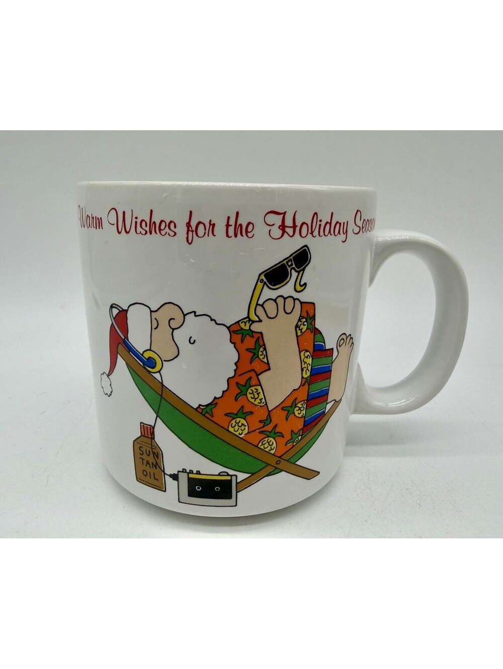 Vintage Tropical Destination Xmas Gift Santa Sun Tanning Mug 80’s 90’s Coffee